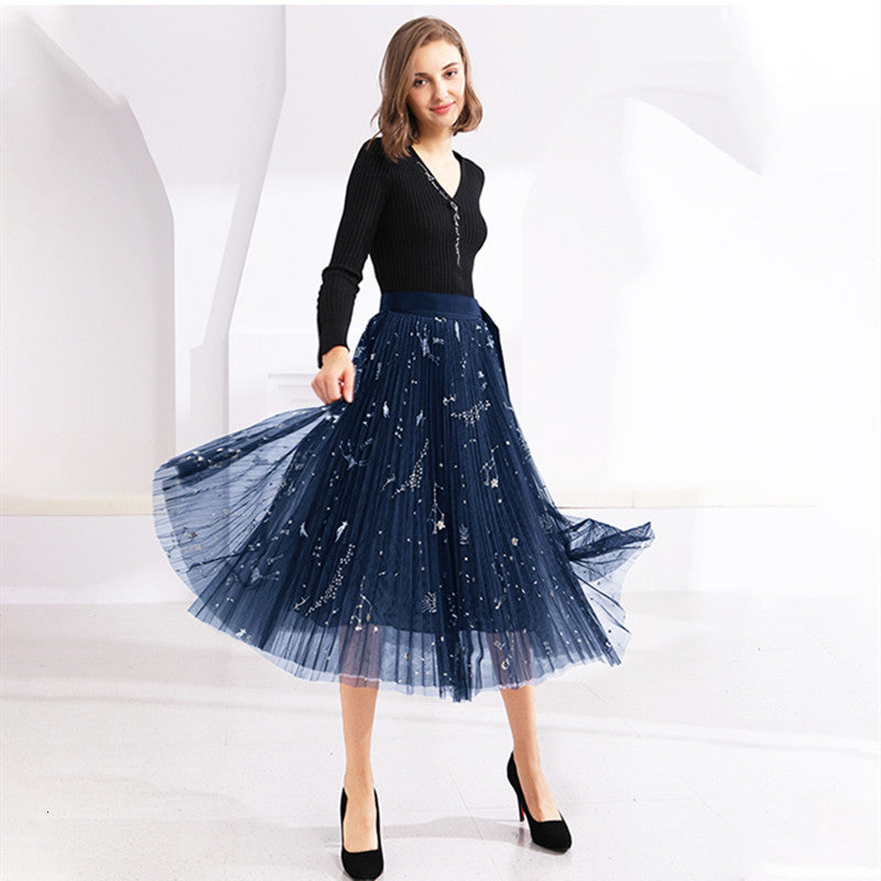 skirts Ladies Embroidered Tulle Vintage Semi Sheer Fabric High Waist Pleated Long Skirt For Women