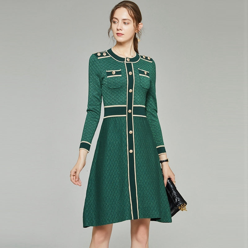 dresses Winter Runway Designer Plaid Glitter Knitting WOmen&#039;s Long Sleeve A-line Slim Green Sweater