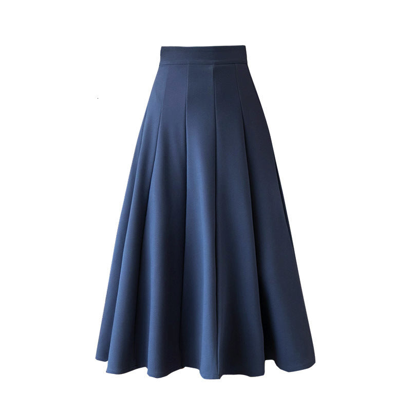 skirts Autumn Elegant Drape Pleated Long Calf Elastic Waist Patchwork Thick Lanon Solid A-line Flared Skirts Coffee Navy Black