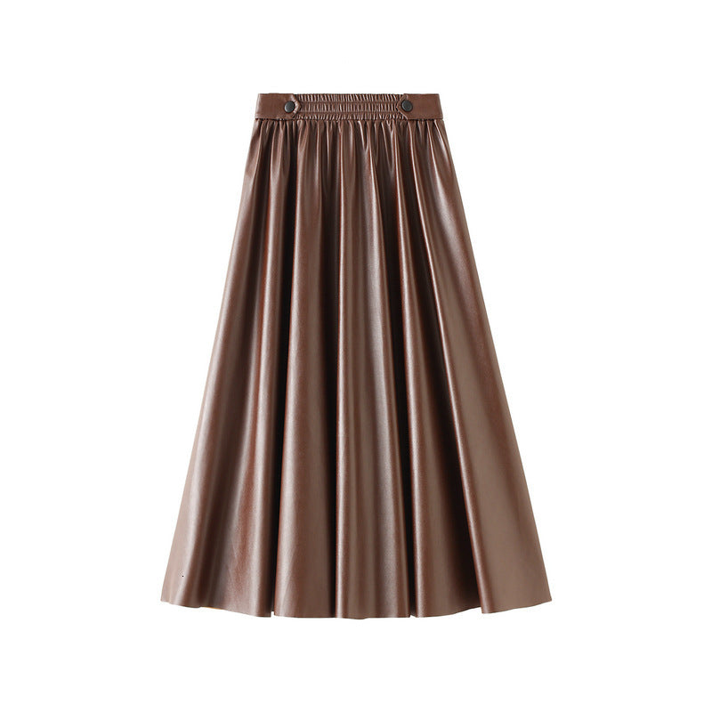 skirts Autumn Winter Vintage PU Pleated Maxi Skirt Elastic Waist Band A-line Long Leather Skirts Coffee Navy Khaki