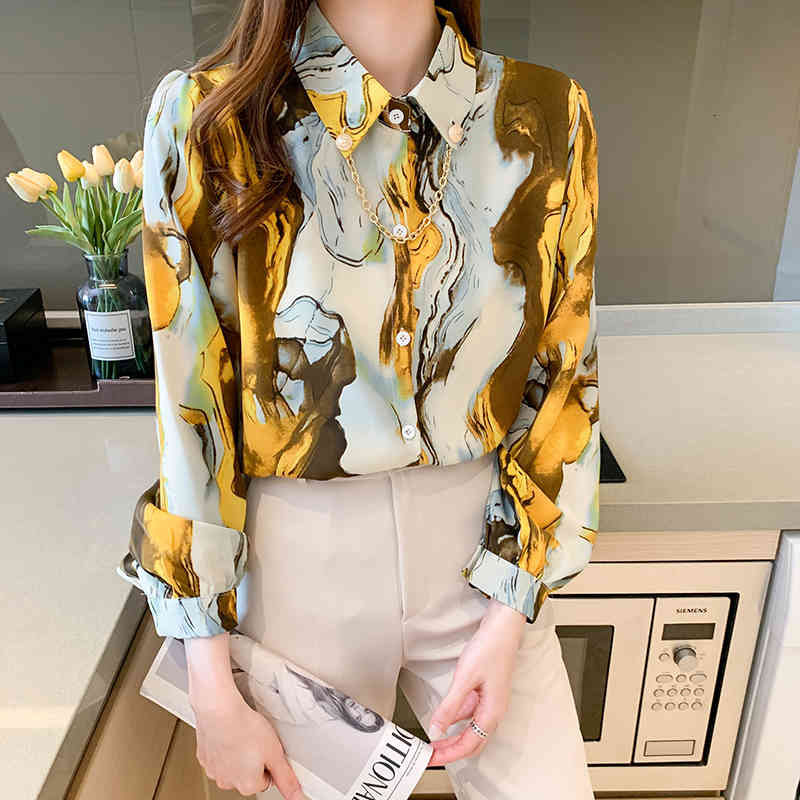blouses Spring Novelty Blooming Printed Single-breasted Long Sleeved Chiffon Blouses for Women Collar with Chain Colored OL Top Shirt
