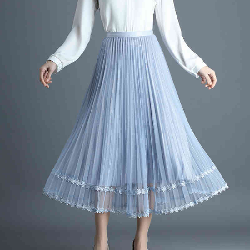 skirts Summer Metallic Maxi Tulle Embroidered Floral Lace Beaded Candy A-line Pleated Shine Ankle Long Skirts Pink Blue