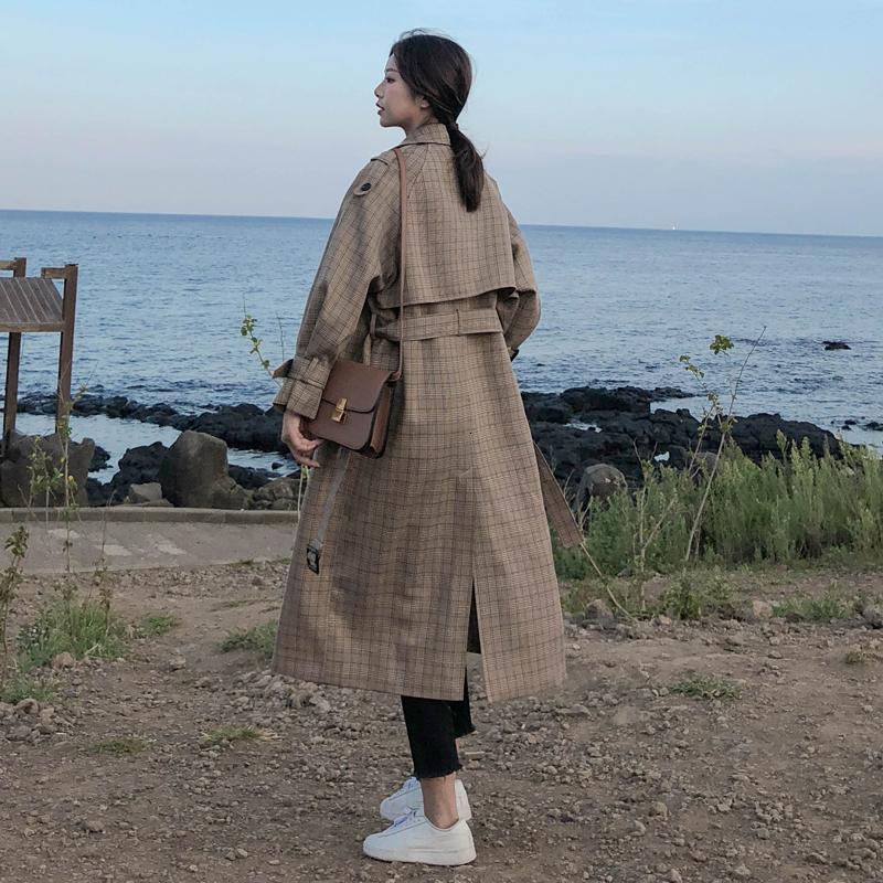 Cloak and cloak Korean Style Ladies Trench Plaid Long Double Breasted Belted Oversize Loose Women Duster Coat Outerwear With Storm