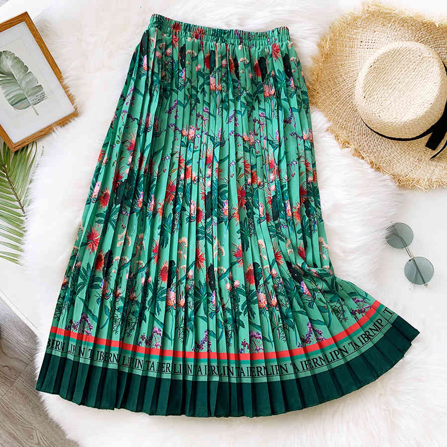 skirts Summer Vintage FlowersPleated Retro Floral Printed Bohemian Accordion Pleated Vocation Mid-Calf Long Skirts