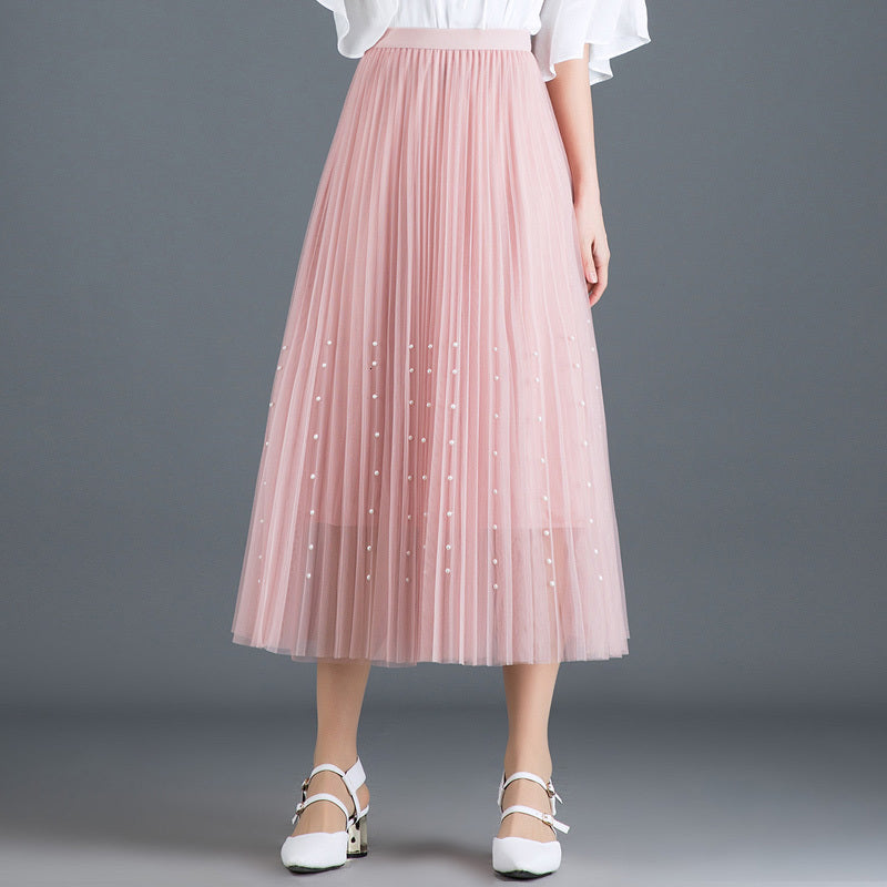 skirts Spring Sweet Beaded Tulle Women High Waist Pink faldas mujer moda Korean Beading Pleated Mesh Long Skirts