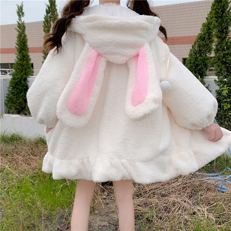 Cute Bunny Ears Faux Fur Teddy Coat Women Winter Lolita Kawaii Plush Hooded Jacket Female Warm White ffy Overcoat Outerwear