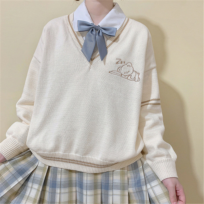 Cute V Neck Sweater Women Knitted Kawaii Cartoon Bear Jumper Preppy Style Casual Long Sleeve Pullover Girls School Uniform Beige