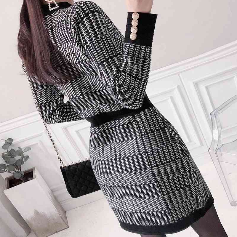Korean version of the latest office lady temperament slim knitted jacquard houndstooth