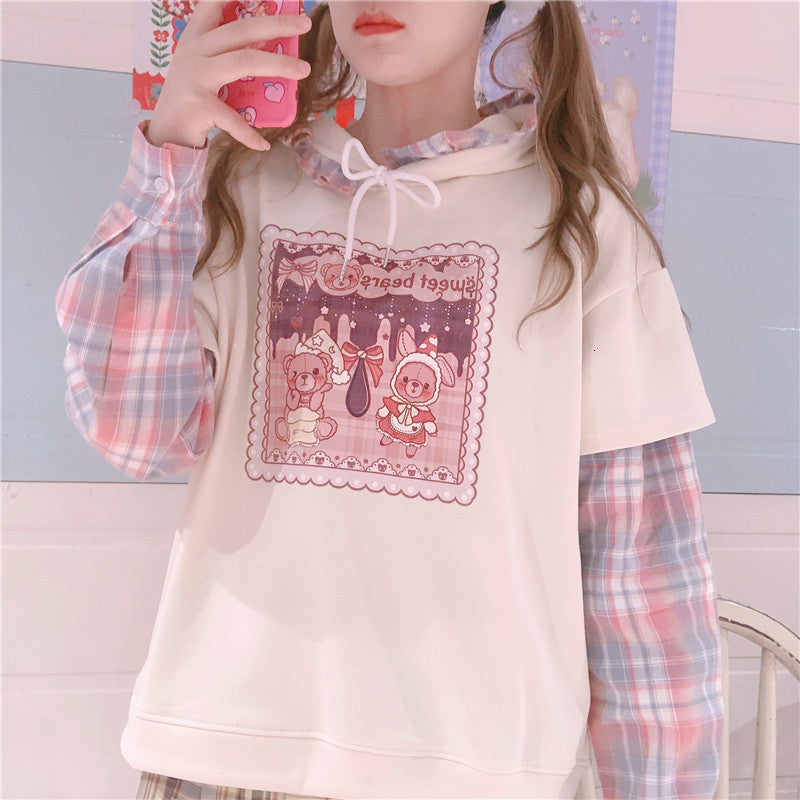 Kawaii Fashion Oversize Hoodie Women Soft Girl Cute Bear Graphic Sweatshirt Harajuku Vintage Plaid Ruffle Kpop Christmas Clothes