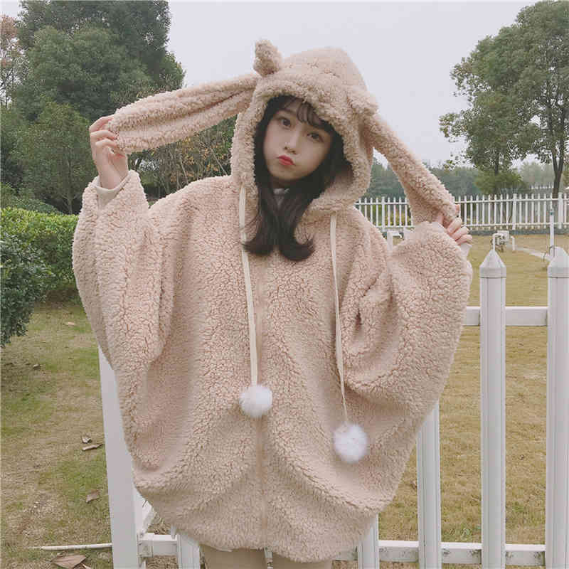 Winter Oversized Fleece Women Cute Plush Rabbit Ears Hooded Sweatshirt Soft Girl Lolita ffy Kawaii Zip Up Hoodie Coat