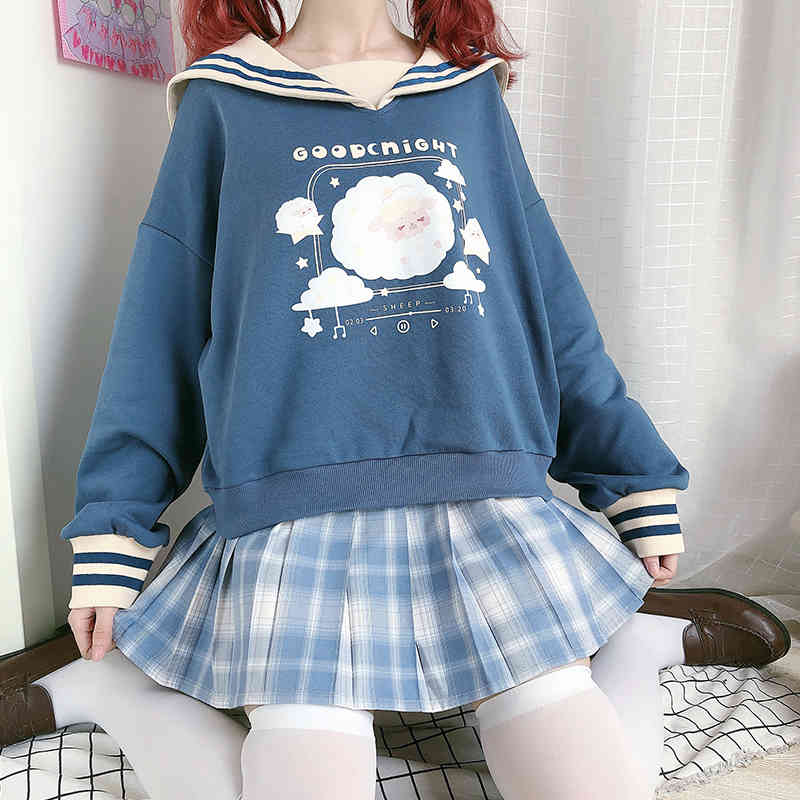 Japanese Kawaii Hoodie Women Harajuku Graphic Lolita Cute Aesthetic Oversized Sweatshirt Vintage Sailor Cosplay Stripe Pullover