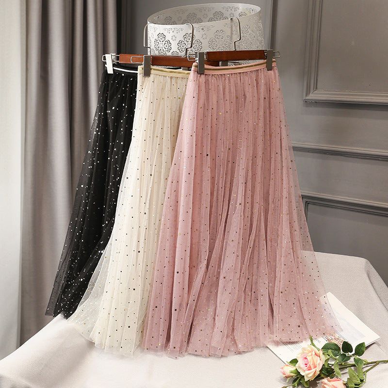 skirts Winter 2-Piece Set Tulle Maxi Stars Sequin A-line Layered Mesh Ankle Long Metallic Starry Pleated Skirts