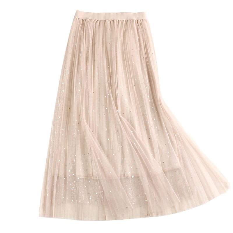 skirts Sweet Stars Sequined A-line Mesh Stretch Waist Metallic Dotted Starry Pleated Calf Long Tulle Skirts
