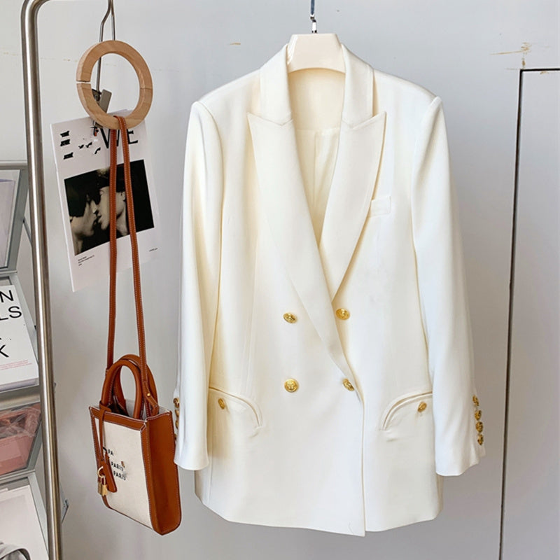 suits 2021 Fashion Office Wear Double Breasted Blazer Coat Vintage Women Pockets Long Female White Suit Jacket Outerwear Chic Tops