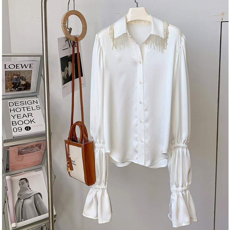 blouses Spring Fashion Button Up Satin Elegant Female Loose Pearls Beaded Women White Blouse Lady Top Long Sleeves Faux Silk Shirt