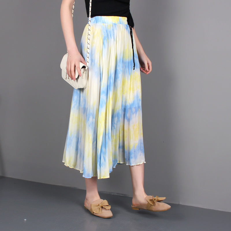 skirts 2021 Korean Fashion Tye Die Women Raiow Striped Pleated Chiffon Skirts Long Boho Holiday Skirt