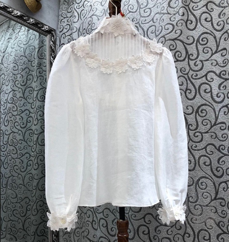 pants 100%Linen Shirts Spring Summer Fashion White Blue Blouses Women Appliques Embroidery Flowers Casual Linen Tops Female Blusa