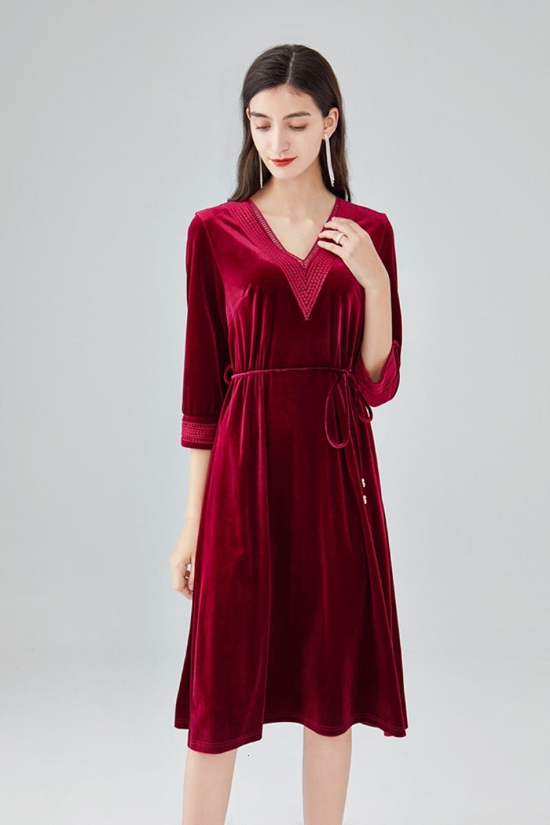 dresses Plus Size Autumn Winter Party Vintage Women V-Neck Hollow Out Embroidery 3-4 Sleeve Mid-Calf Green Wine Red 4XL