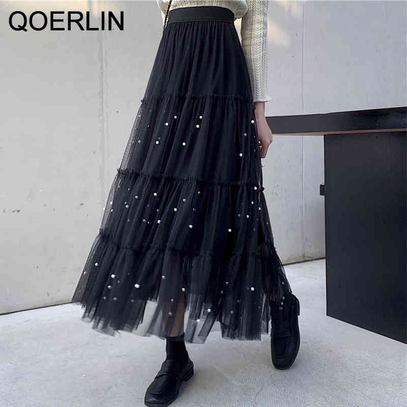 suits Girly High Waist Ruffle Mesh Women Chic A-line Beaded Mid-length Tulle Skirt Apricot Black Long Skirts
