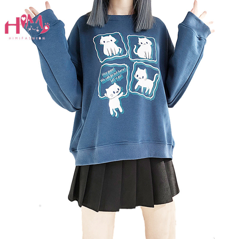 Winter Harajuku Kawaii Cat Hoodie Women Cute Crewneck Long Sleeve Sweatshirt Girls Warm Fleece Funny Graphic Clothes Female