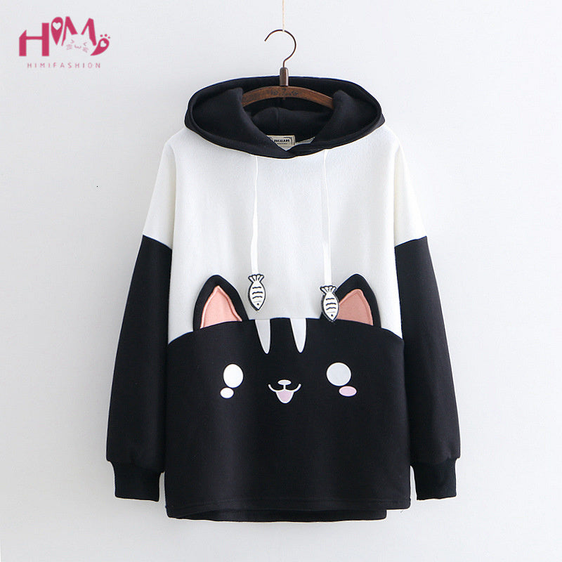 Japanese Kpop Clothes Womens Cute Pullover Sweatshirt Autumn Fashion Harajuku Lolita Black Cat Graphic Kawaii Hooded Hoodie