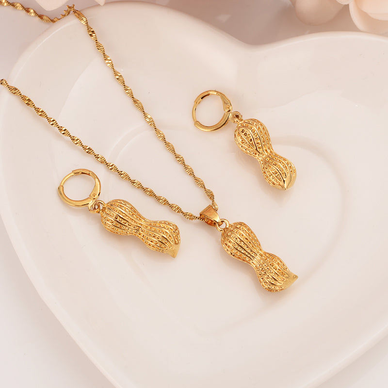 18k Solid Fine Gold F Dubai India peanut vintage dangle Earrings Necklace Jewelry Sets party jewellery