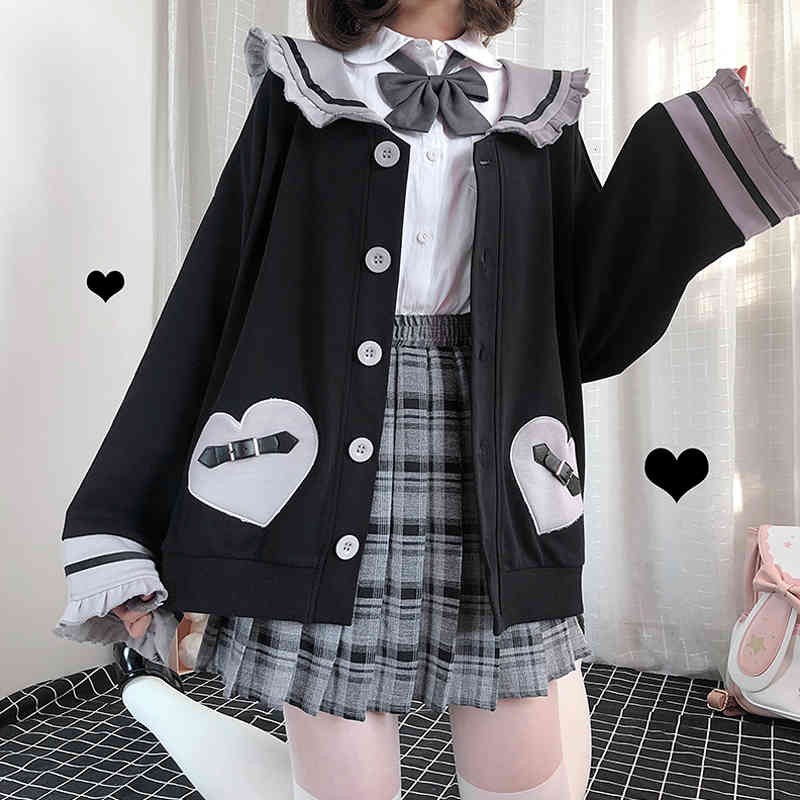 Kawaii Fashion Vintage Jacket Women Gothic Lolita Zip Up Hoodie Cute Sailor Collar Jk Cardigan Female Heart Black Thin Coat
