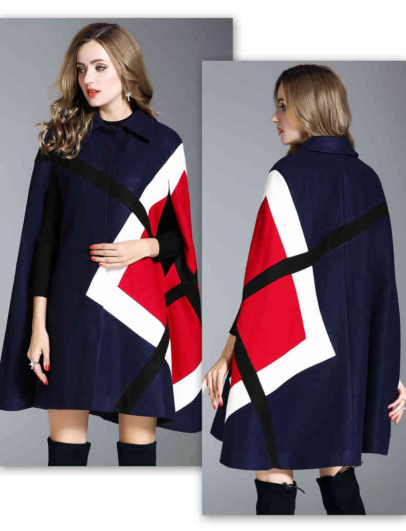 Fashion Winter Jacket Geometric Pattern Batwing Sleeve Woolen Warm Cloak Ponchos Cape Coat Wool Blends Women Outerwear