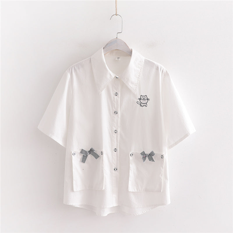 Japanese Mori Girl Kawaii White Shirts Summer Turn Down Collar Woman Blouses Button Up Cute Cat Embroidery Bow Pockets Tops