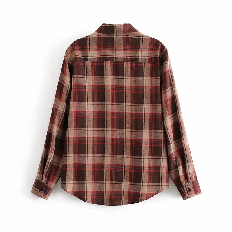 Women blouses Fall women&#039;s fashion vintage lapel matching color checkered single-row button-down long-sleeved shirt