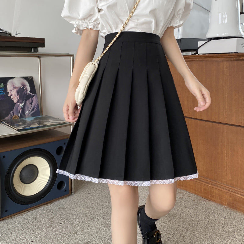 Summer Fashion Kawaii Lace Pleated Women High Waist Cosplay School Uniform Mini Skirts Plus Size Solid A-line Sailor Skirt