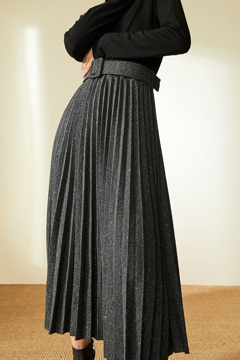 2021 Summer fashion women midi female spring autumn high waist elegant skirts woman splid black sequin a-line skirt korean runway