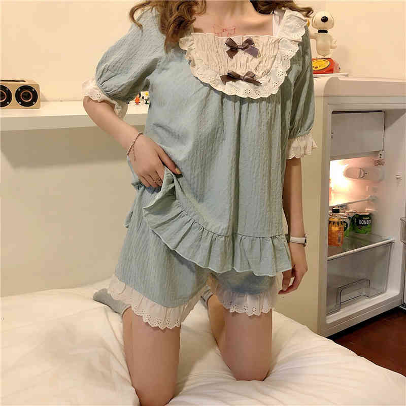 Sweet Lace Sleep Tops and Shorts Set for Women Summer Cute Ruffle Princess Sleepwear Lolita Kawaii Girls Casual Pajamas