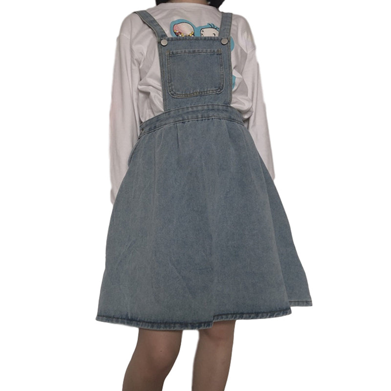 Korean Fashion Style Women Jeans Adjustable-Strap High Waist Mini Denim Overalls Vintage Casual Suspender Skirt