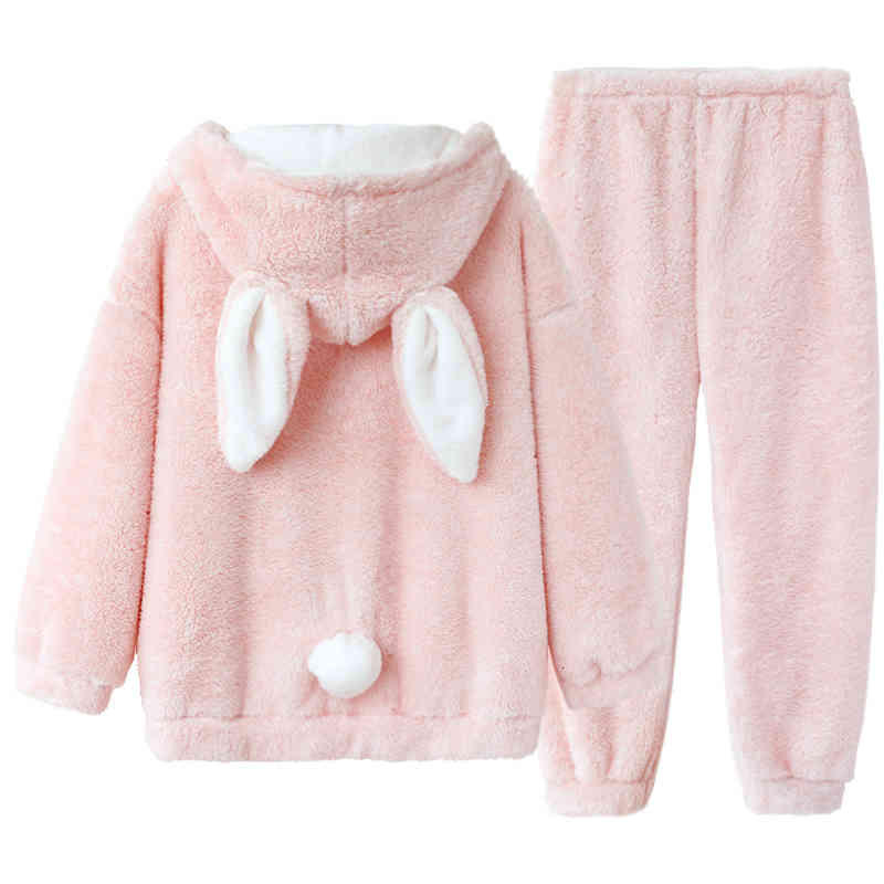 Cute Winter Pajamas Set Women Lolita Bunny Warm Sleepwear Girls Kawaii Rabbit Plush Sleep Pants Pink Lounge Home Nightgown