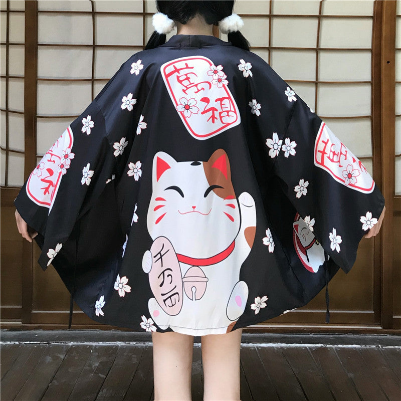 Japanese Women Kimono Cardigan Cute Cartoon Cat Printed Female Tops and Blouses Harajuku Kawaii Lace Up Beach Cosplay Shirt