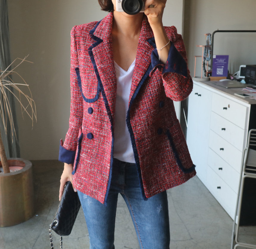 Double Red Breasted Suit Outerwear Female women blazers and jackets Casual Chic British Tassel Patchwork Tweed Autumn Coats