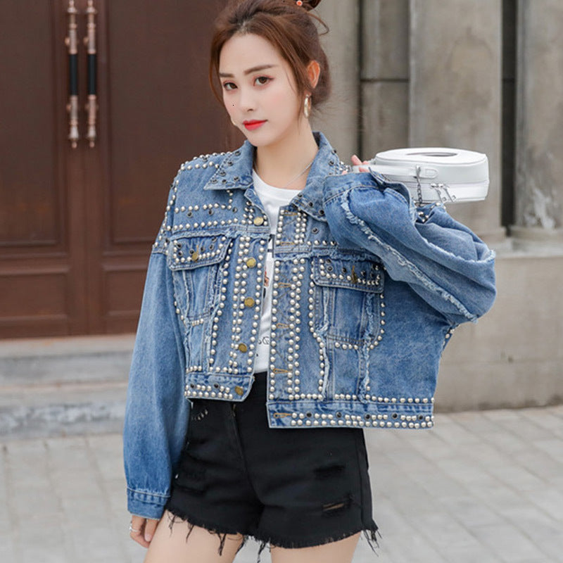 Punk Style Hand Studded Rivet Cool Womens Outerwear Jackets and Coats Streetwear Short Denim Sherpa Sequin Jeans Jacket