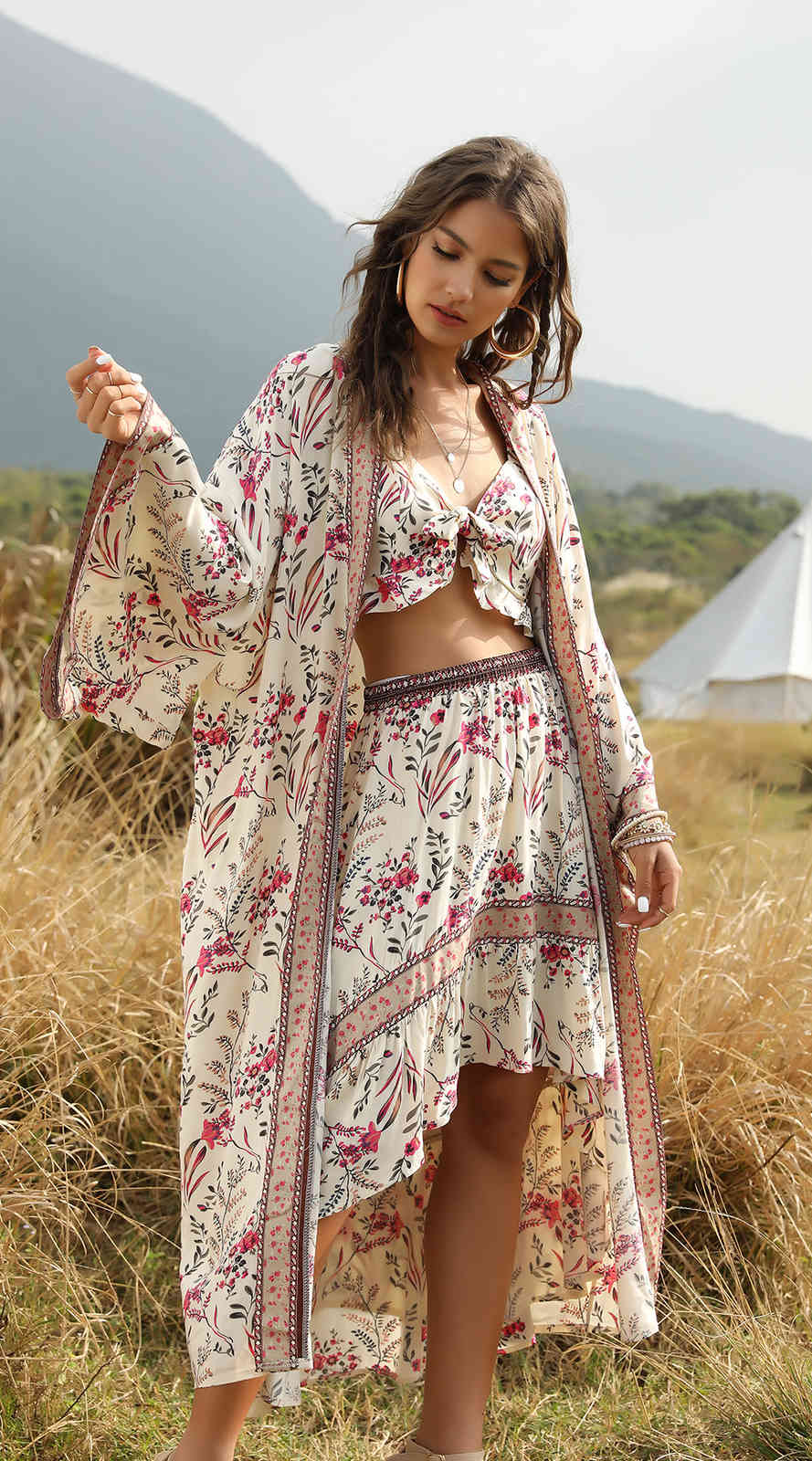 Boho Woman Blouses Cover-Ups Shirt Casual Floral Print Kaftan Beach Cover Up Long Sleeve Cardigan Shawl Swimwear Women Summer