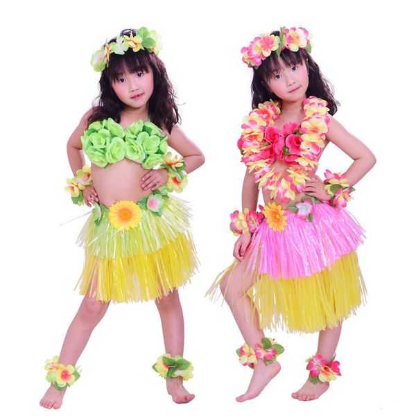 8pcs Children Hawaii Hula Dress Grass Skirts Kids Hula Skirt Hawaiian Costumes Headband Garland Wreath Hawaiian Party Decoration 210408