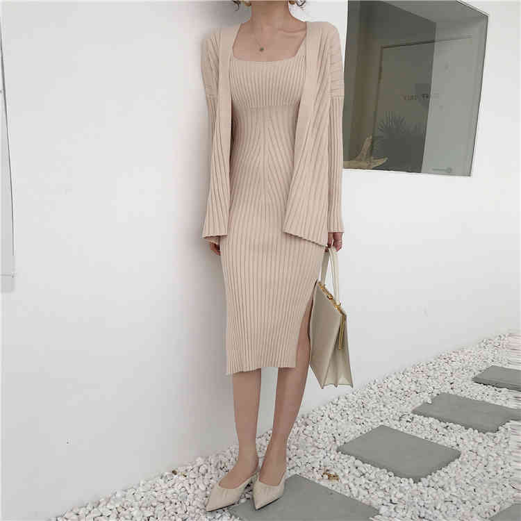 High quality winter Black Women&#039;s Casual Long Sleeved Cardigan + Suspenders Sweater Vest Two Piece Runway Suit