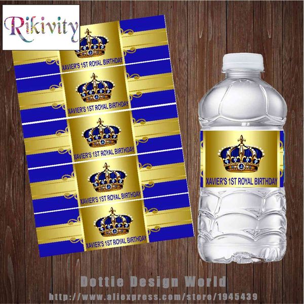 20 Pcs Custom Gold Crown Prince Birthday Water Bottle Wine Labels Candy Bar Wrapper Boys Baby Shower Birthday Party Decoration 210408