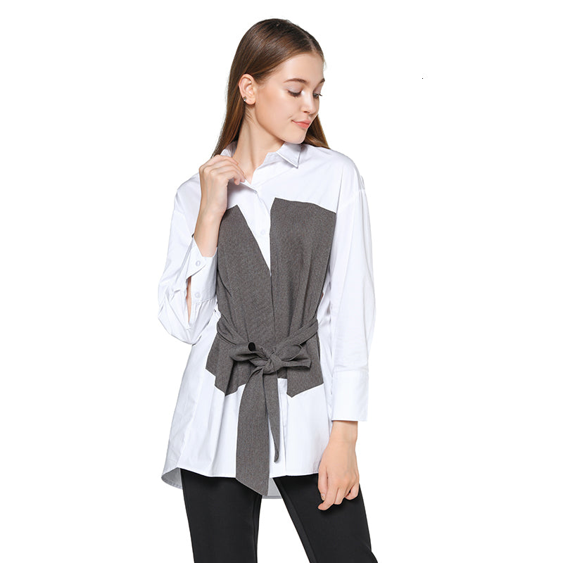 Cotton Loose Long Shirts White And Black Bow Fake Two Pieces Office Women Shirt Blouse Tops Plus Size