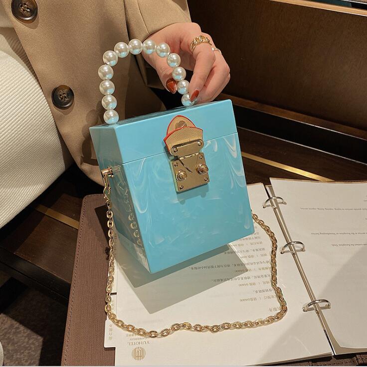 wholesale women handbag small fresh solid color hard box chain bag sweet candy-colored Acrylic square handbags street trend Marble Beads fashion sho