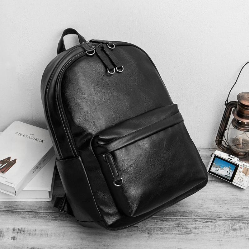 Black PU Leader Backpack Mens School Laptop Computer Bookbag Large-Capacity Bag Anti Theft College Student Waterproof Fashion