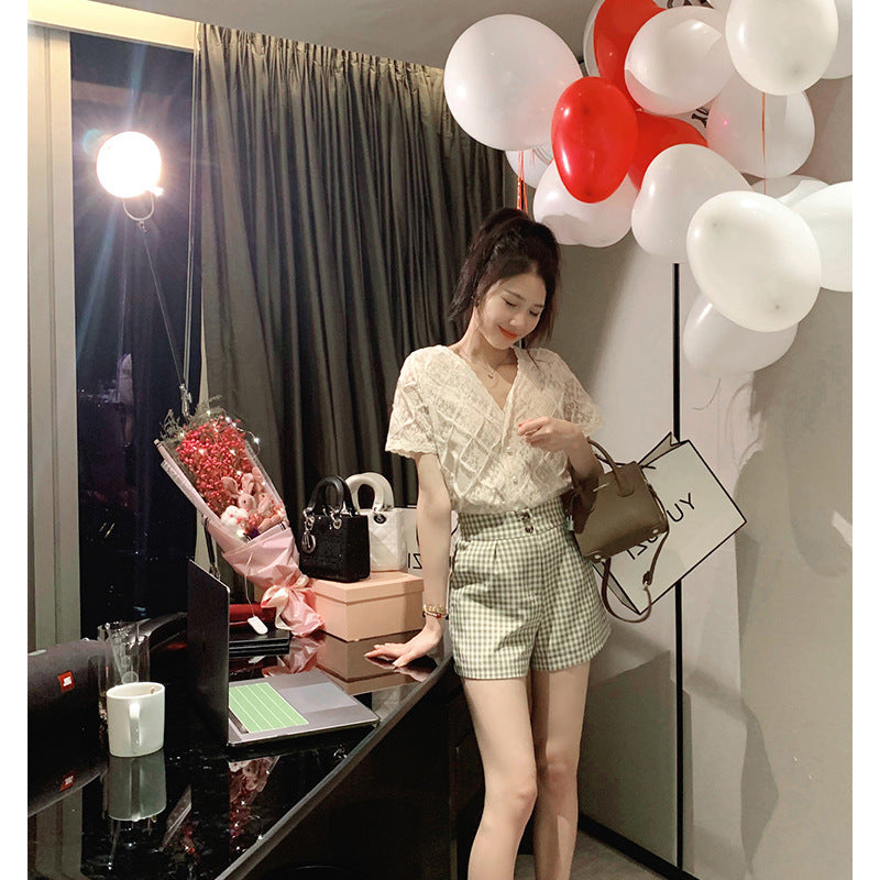 Women Solid Chiffon Blouses Wave V Neck Pearl button Short Lace Sleeve Casual Woman Ladies Holiday Top Shirt Blouse