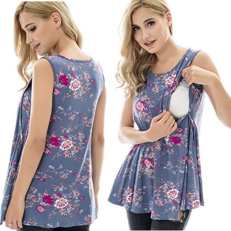 Ptint Maternity Nursing T Shirt Summer Blue Breastfeeding Tanks For Pregnant Women Pregnancy Nurse Wear Tops Tee Clothing