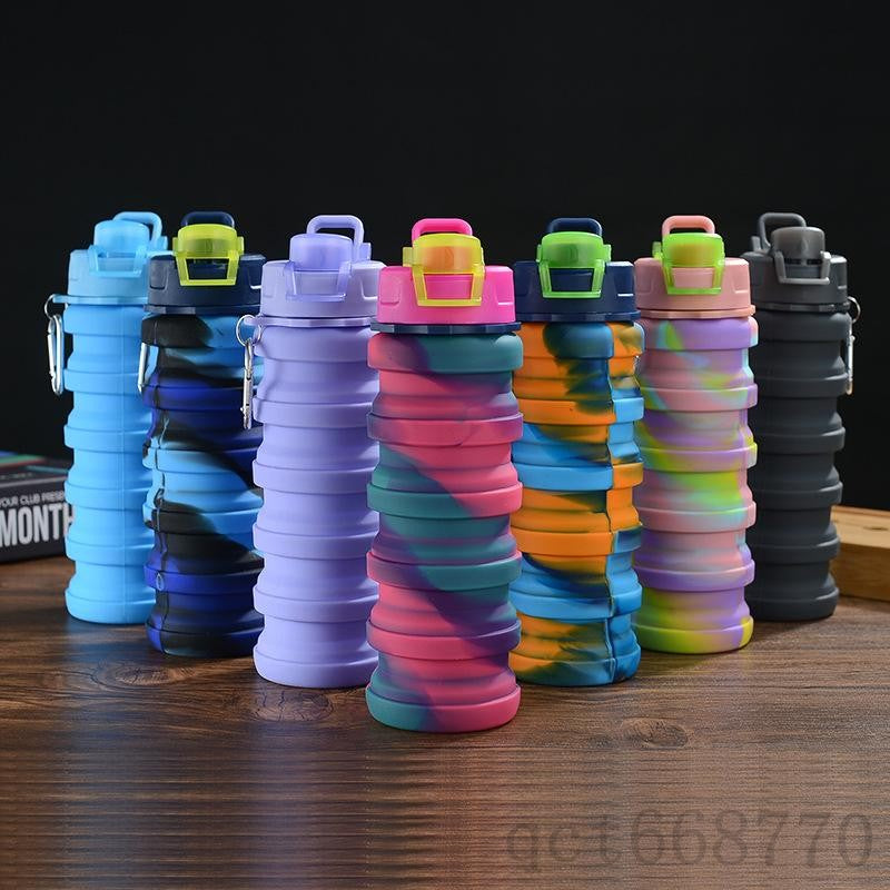 Creative Camouflage Water Bottle Silicone Fold Telescopic Tumbler Carabiner Sports Drinks Cups Portable Hiking Camping Equipment 500ML