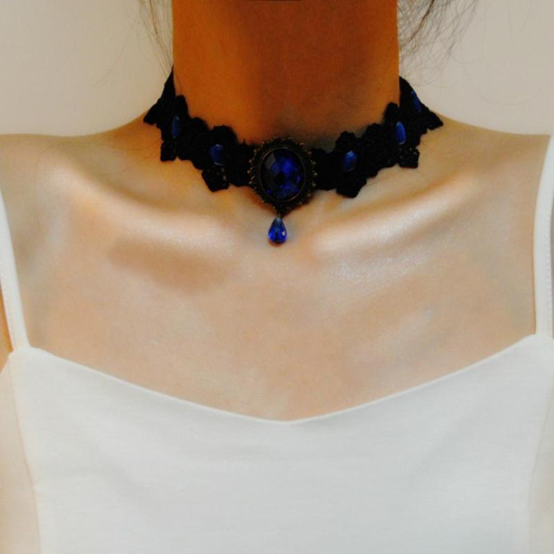 Bohemia Lace Gothic Tattoo Choker Necklace Women Vintage Blue Crystal Necklaces Punk Collar Jewelry Chokers