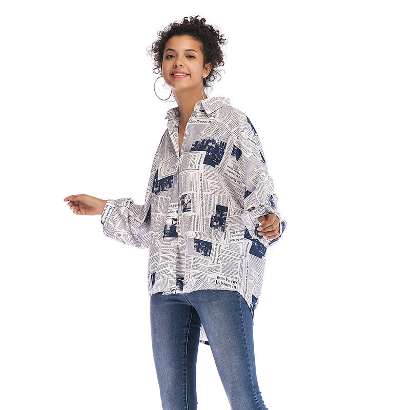 Fashion Newspaper Print Women Blouse Shirt Loose Turn Down Collar Long Sleeve Blouses Tops Wild Casual Shirts